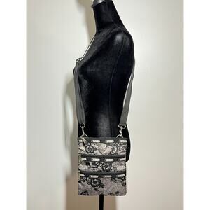 LeSportsac Black/Gray Herringbone Floral 3 Zip Pocket Crossbody Bag Purse